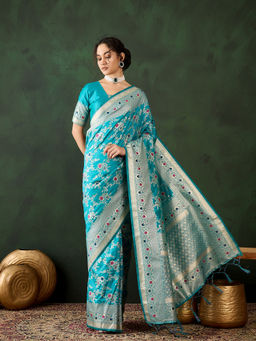 Suha - Womens Ethnic Turquoise Saree with Unstitched Blouse