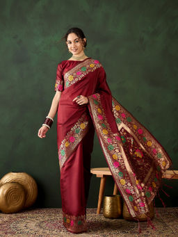 Suha - Womens Ethnic Maroon Saree with Unstitched Blouse