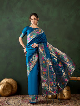 Suha - Womens Ethnic Teal Saree with Unstitched Blouse