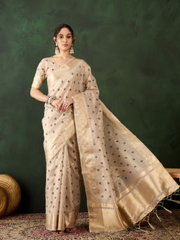 Suha - Womens Ethnic Beige Saree with Unstitched Blouse