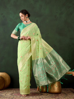Suha - Womens Ethnic Pista Green Saree with Unstitched Blouse
