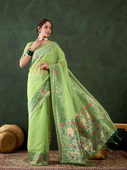 Suha - Womens Ethnic Pista Green Saree with Unstitched Blouse