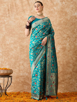 Suha - Womens Ethnic Turquoise Saree with Unstitched Blouse