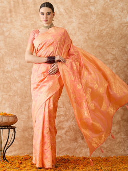 Suha - Womens Ethnic Orange Saree with Unstitched Blouse