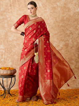 Suha - Womens Ethnic Red Saree with Unstitched Blouse