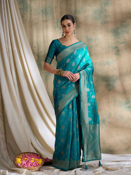 Suha - Womens Ethnic Teal Saree with Unstitched Blouse
