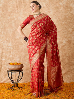 Suha - Womens Ethnic Red Saree with Unstitched Blouse