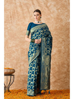 Suha - Womens Ethnic Teal Saree with Unstitched Blouse