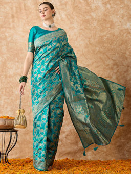 Suha - Womens Ethnic Turquoise Saree with Unstitched Blouse