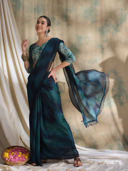 Suha - Womens Ethnic Teal Saree with Unstitched Blouse