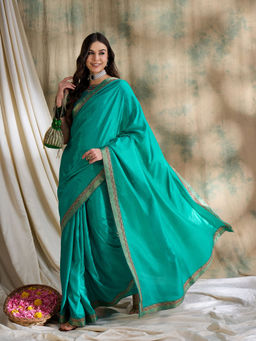 Suha - Womens Ethnic Sea Turquoise Saree with Unstitched Blouse