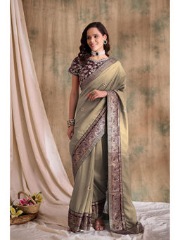Suha - Womens Ethnic Beige Saree with Unstitched Blouse