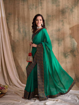 Suha - Womens Ethnic Sea Green Saree with Unstitched Blouse