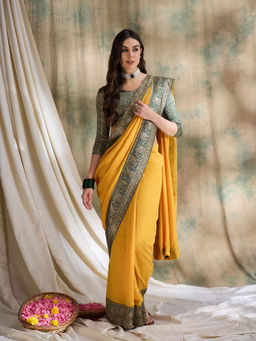 Suha - Womens Ethnic Yellow Saree with Unstitched Blouse
