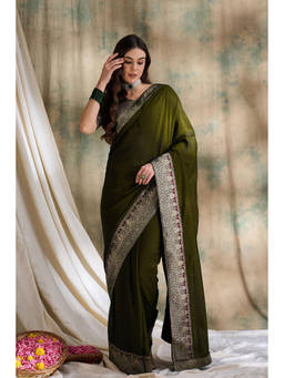 Suha - Womens Ethnic Olive Saree with Unstitched Blouse