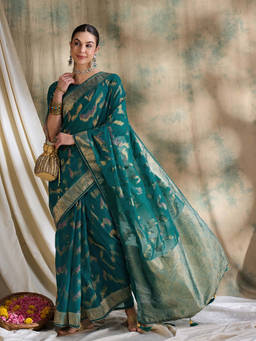 Suha - Womens Ethnic Teal Saree with Unstitched Blouse