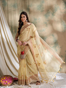 Suha - Womens Ethnic Beige Saree with Unstitched Blouse
