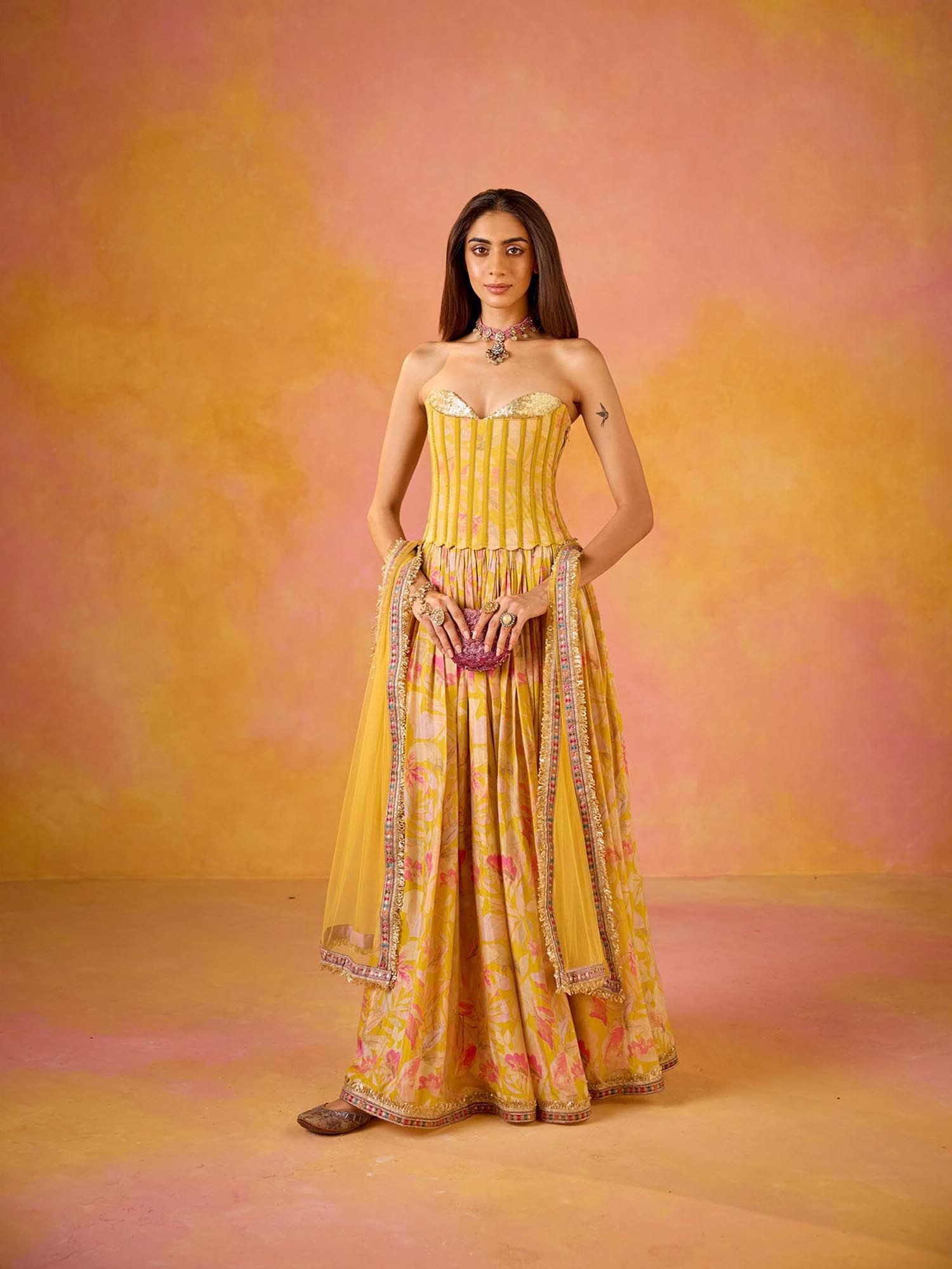 Anaya Yellow Sequined Corset and Muslin Lehenga with Dupatta (Set of 3)-image-45
