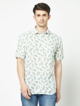 CRIMSOUNE CLUB - Men White & Green One Line Floral Print Shirt