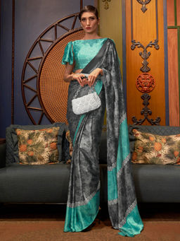 Sareemall - Women's Crepe Grey Printed Celebrity Saree with Unstitched Blouse