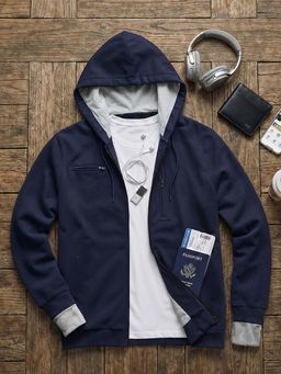 Bewakoof - Men Terry Hooded Solid Navy Blue Reversible Hoodie