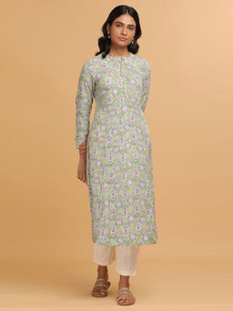 Folksong - All Over Buti Green Hand Block Print Flared Kurta