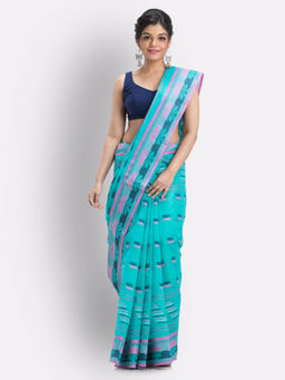 Angoshobha - Turquoise Tant Pure Cotton Saree without Blouse