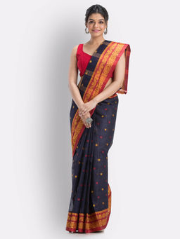 Angoshobha - Bengal Cotton Navy Blue Tangail Tant Saree without Blouse