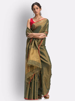 Angoshobha - Golden Zari Art Silk Muslin Handloom Sequin Saree with Unstitched Blouse