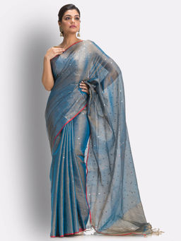 Angoshobha - Copper Cyan Blue Handloom Sequin Zari Cotton Tissue Saree with Unstitched Blouse