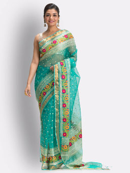Angoshobha - Turquoise Art Silk Muslin Handloom Embroidery Saree with Unstitched Blouse