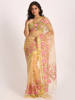 Angoshobha - Muga Art Silk Muslin Handloom Embroidery Saree with Unstitched Blouse