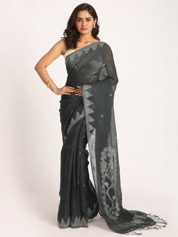 Angoshobha - Grey Traditional Handloom Linen Jamdani Saree with Unstitched Blouse