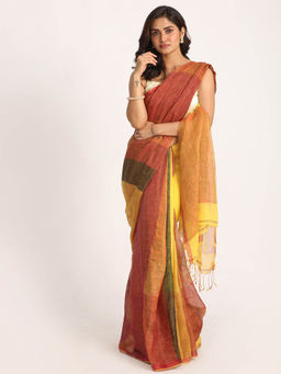 Angoshobha - Multicolour Traditional Handloom Check Linen Saree with Unstitched Blouse