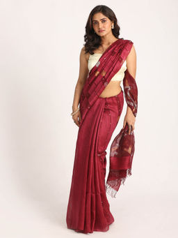 Angoshobha - Dark Red Matka Silk Handloom Traditional Sequin Jamdani Saree with Unstitched Blouse