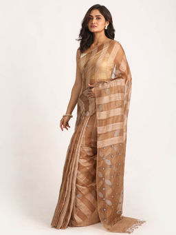 Angoshobha - Khaki Matka Silk Handloom Traditional Jamdani Saree with Unstitched Blouse
