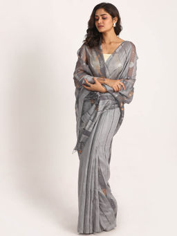 Angoshobha - Silver Blue Matka Silk Handloom Traditional Sequin Jamdani Saree with Unstitched Blouse