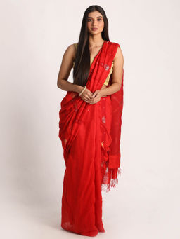 Angoshobha - Red Matka Silk Handloom Traditional Sequin Jamdani Saree with Unstitched Blouse