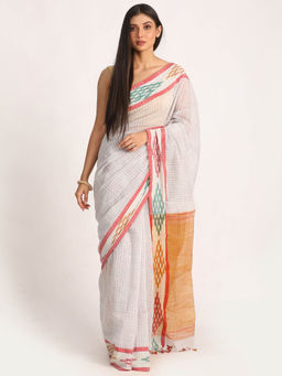 Angoshobha - Kotki Border White Cotton Blend Handloom Saree with Unstitched Blouse