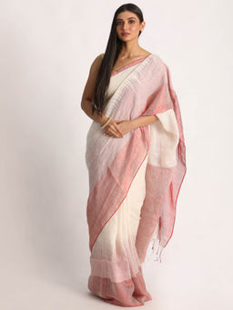 Angoshobha - Design Zari Border Off White Handloom Traditional Linen Saree with Unstitched Blouse