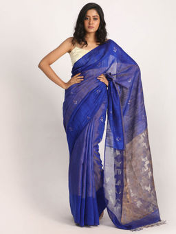 Angoshobha - Royal Blue Matka Silk Handloom Traditional Jamdani Saree with Unstitched Blouse