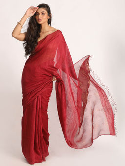 Angoshobha - Maroon Matka Silk Handloom Traditional Jamdani Saree with Unstitched Blouse