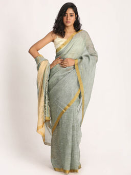 Angoshobha - Silver Green Traditional Handloom Tissue Linen Saree with Unstitched Blouse