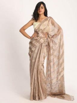 Angoshobha - Beige Matka Silk Handloom Traditional Jamdani Saree with Unstitched Blouse