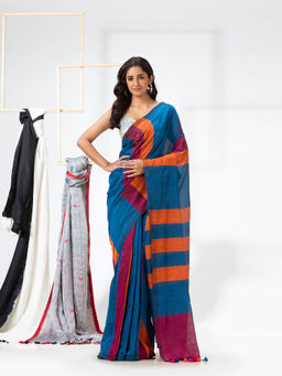 Angoshobha - Blue Orange Handloom Bengal Cotton Saree with Unstitched Blouse