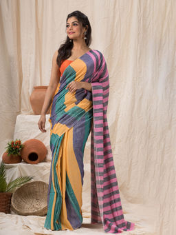 Angoshobha - Handloom Cotton Saree In Lemon Teal Blue Stripes with Unstitched Blouse
