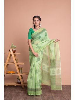 KISHORI - Floral Pattern Hand Block Printed Kota Doria Saree with Mulmul Cotton Unstitched Blouse