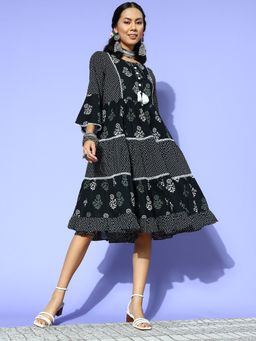 Yufta - Women Black Ethnic Motifs Lace Frill Cotton A Line Dress