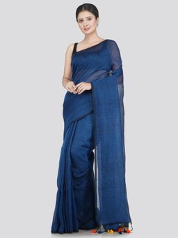 PinkLoom - Women's Linen Saree with Unstitched Blouse Piece, Blue
