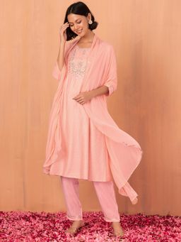 Indya - Peach Floral Zari Embroidered Viscose Kurta with Pant and Dupatta (Set of 3)